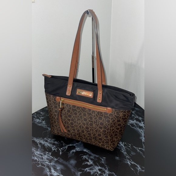CALVIN KLEIN Handbag Black Brown CK Logo Allover Print Tote Satchel AUTHENTIC - Picture 2 of 11